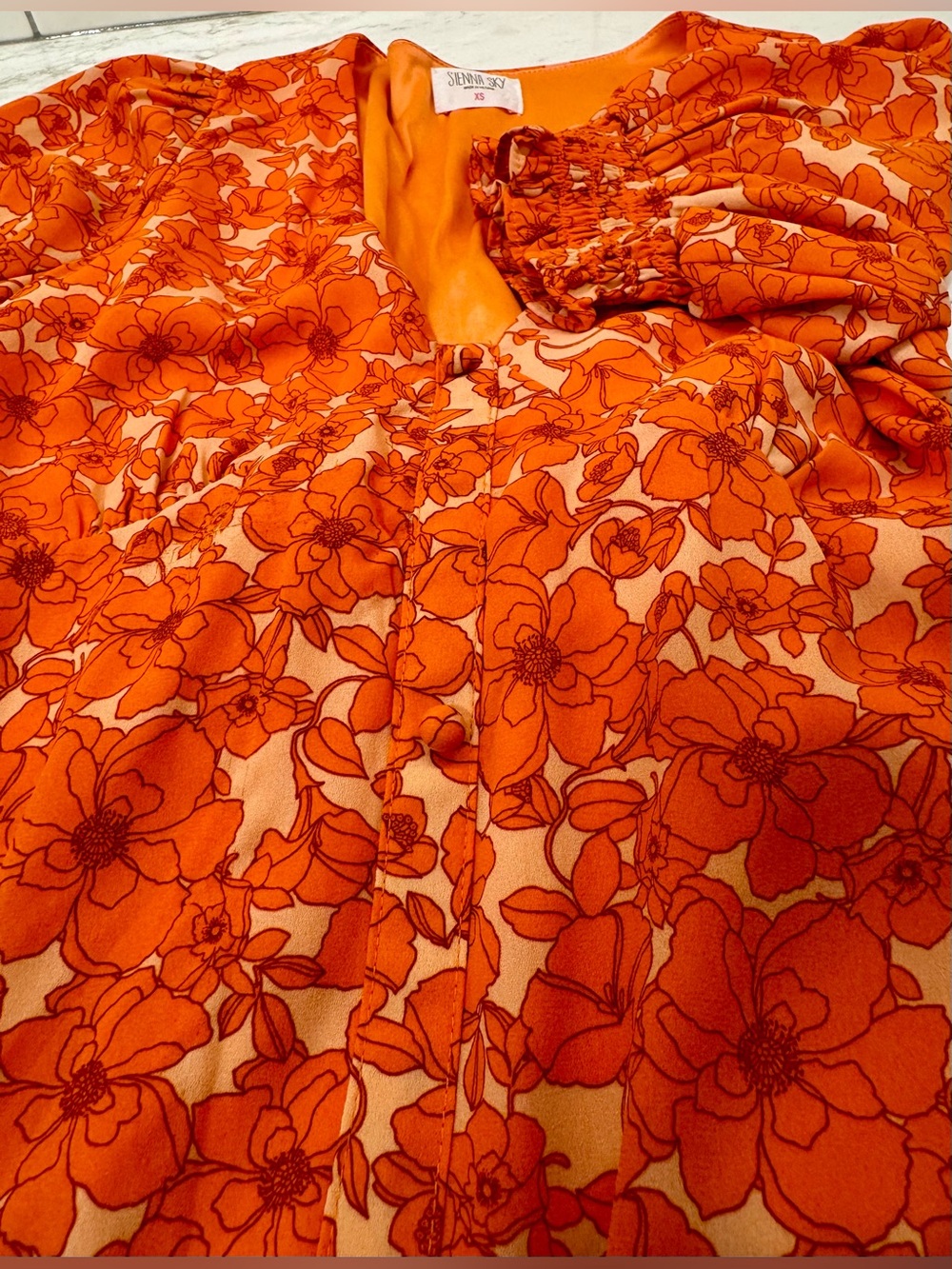 🌼🍊 Sienna Sky Orange Floral Puff Sleeve Mini Dress XS Cottagecore Boho - Picture 6 of 9